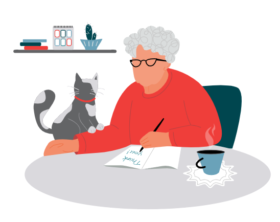 Illustrated Grandma writing thank you cards