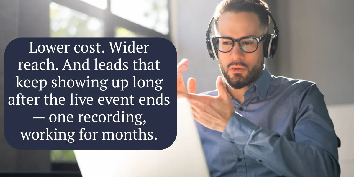 Lower cost. Wider reach. And leads that keep showing up long after the live event ends — one recording, working for months.