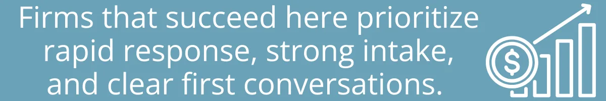 Firms that succeed here prioritize rapid response, strong intake, and clear first conversations. 