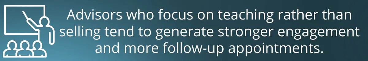 Advisors who focus on teaching rather than selling tend to generate stronger engagement and more follow-up appointments.