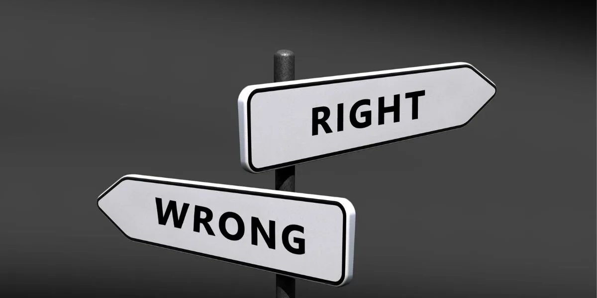 Black background with two road signs pointing in opposite directions. One says Right, and one says Wrong.