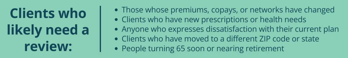 Clients who likely need a review: Those whose premiums, copays, or networks have changed Clients who have new prescriptions or health needs Anyone who expresses dissatisfaction with their current plan Clients who have moved to a different ZIP code or state People turning 65 soon or nearing retirement Clients who likely need a review: Those whose premiums, copays, or networks have changed Clients who have new prescriptions or health needs Anyone who expresses dissatisfaction with their current plan Clients who have moved to a different ZIP code or state People turning 65 soon or nearing retirement