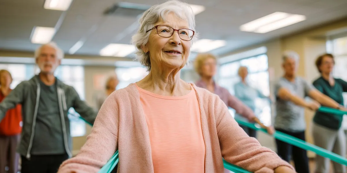 Happy mature woman doing band workouts at her senior living community