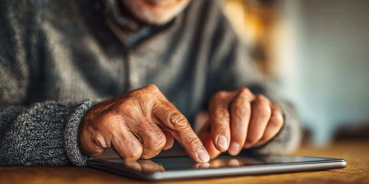 Close up of a mature man with his fingers on a computer tablet.