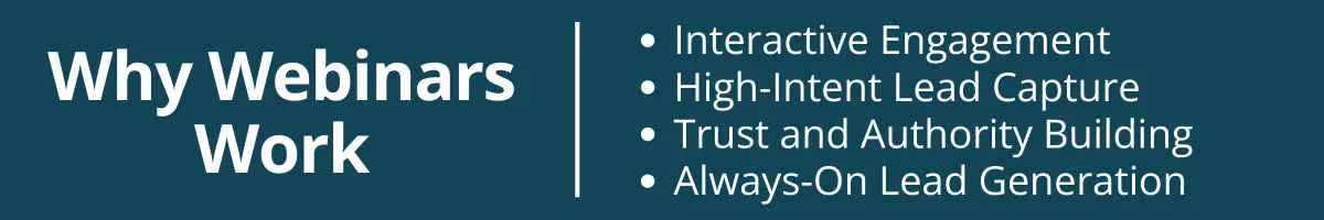 Why webinars work: Interactive engagement, high-intent lead capture, trust and authority building, always-on lead generation