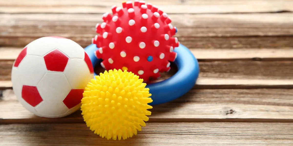 Brightly colored dog toys