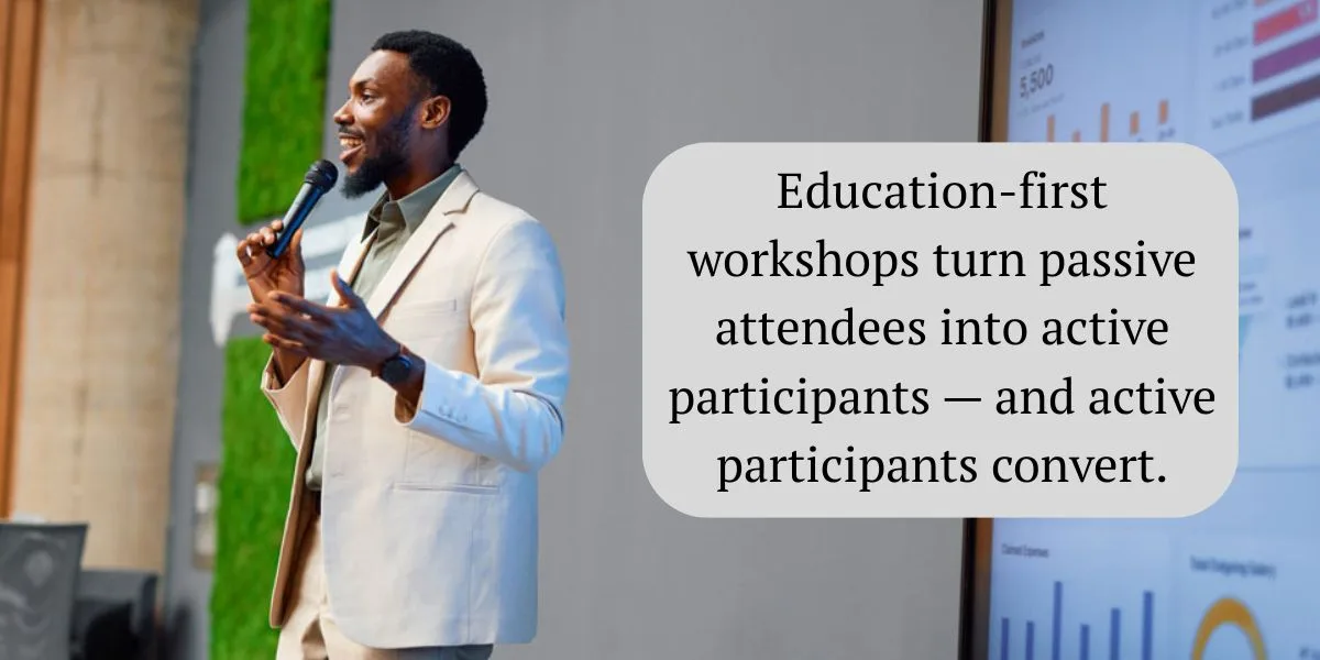 Financial advisor leading an education-first workshop with an engaged audience asking questions