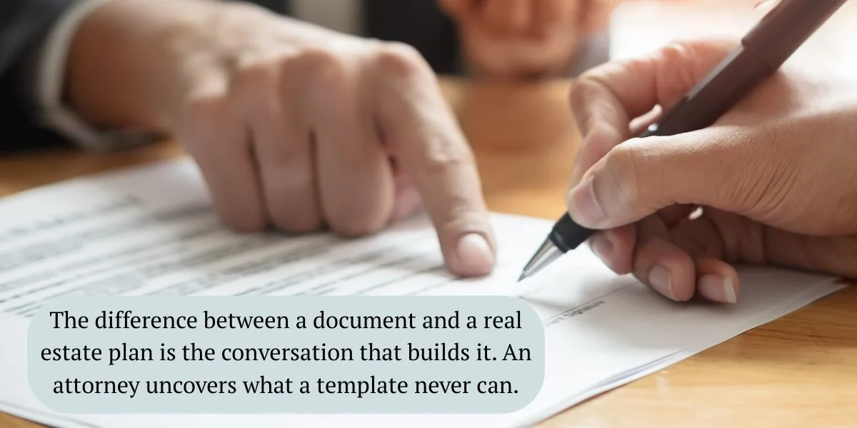 Estate planning attorney reviewing documents with clients at a consultation