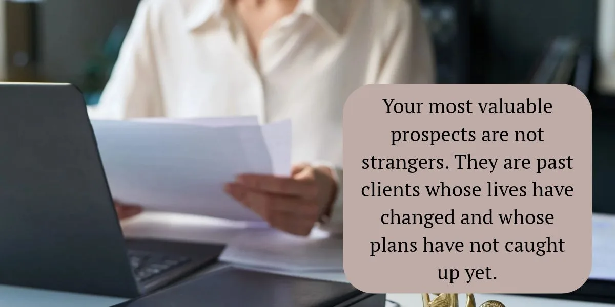 Estate planning attorney reviewing past client database for re-engagement opportunities