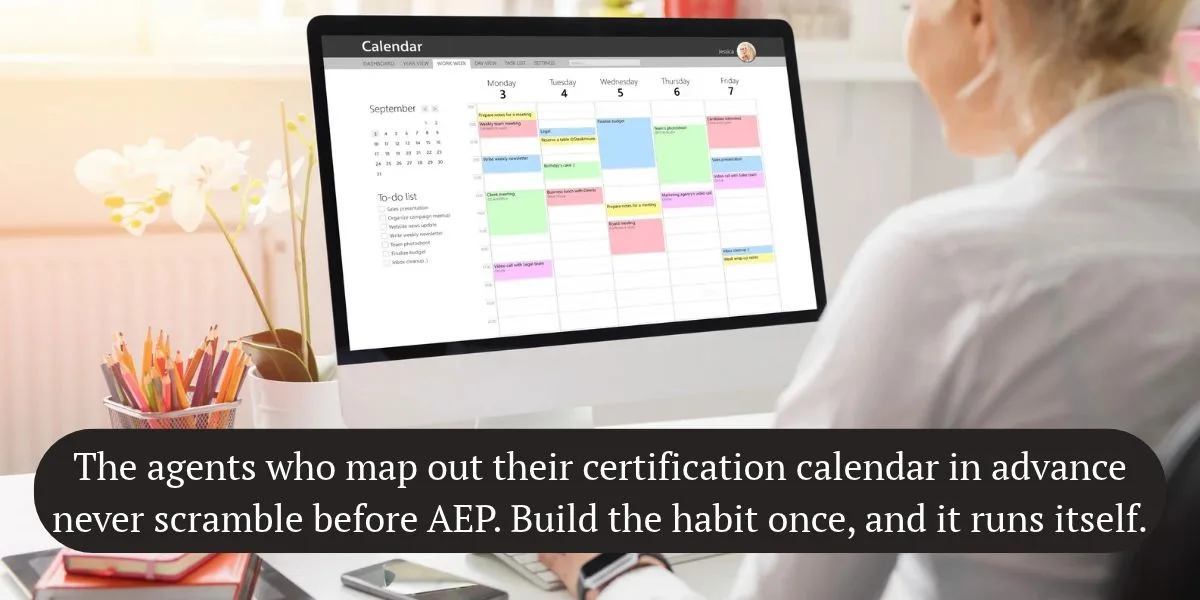 Annual professional development timeline for Medicare agents showing AHIP and NABIP certification windows, carrier certification deadlines, and AEP dates